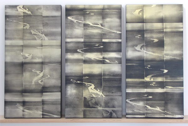 "Big Springs Panels" © 2008 Relief-roll woodcut prints on three panels, 24 x12 in. each